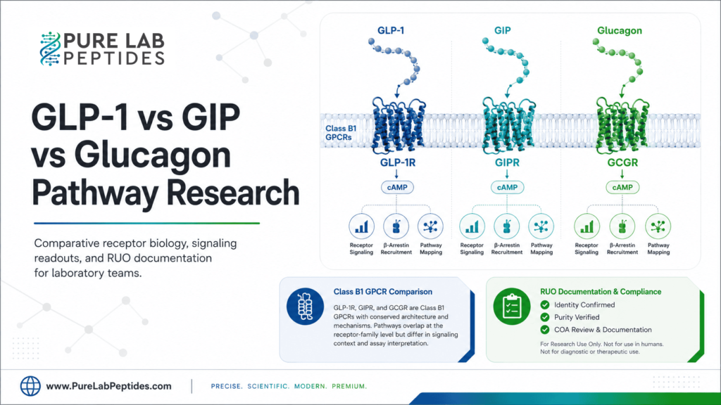 GLP-1 vs GIP vs Glucagon research graphic for RUO laboratory pathway comparison